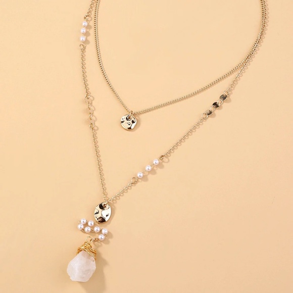Elegant Layered White Agate Gold Wrapped Pendant With Accent Dainty Pearls - Picture 7 of 8